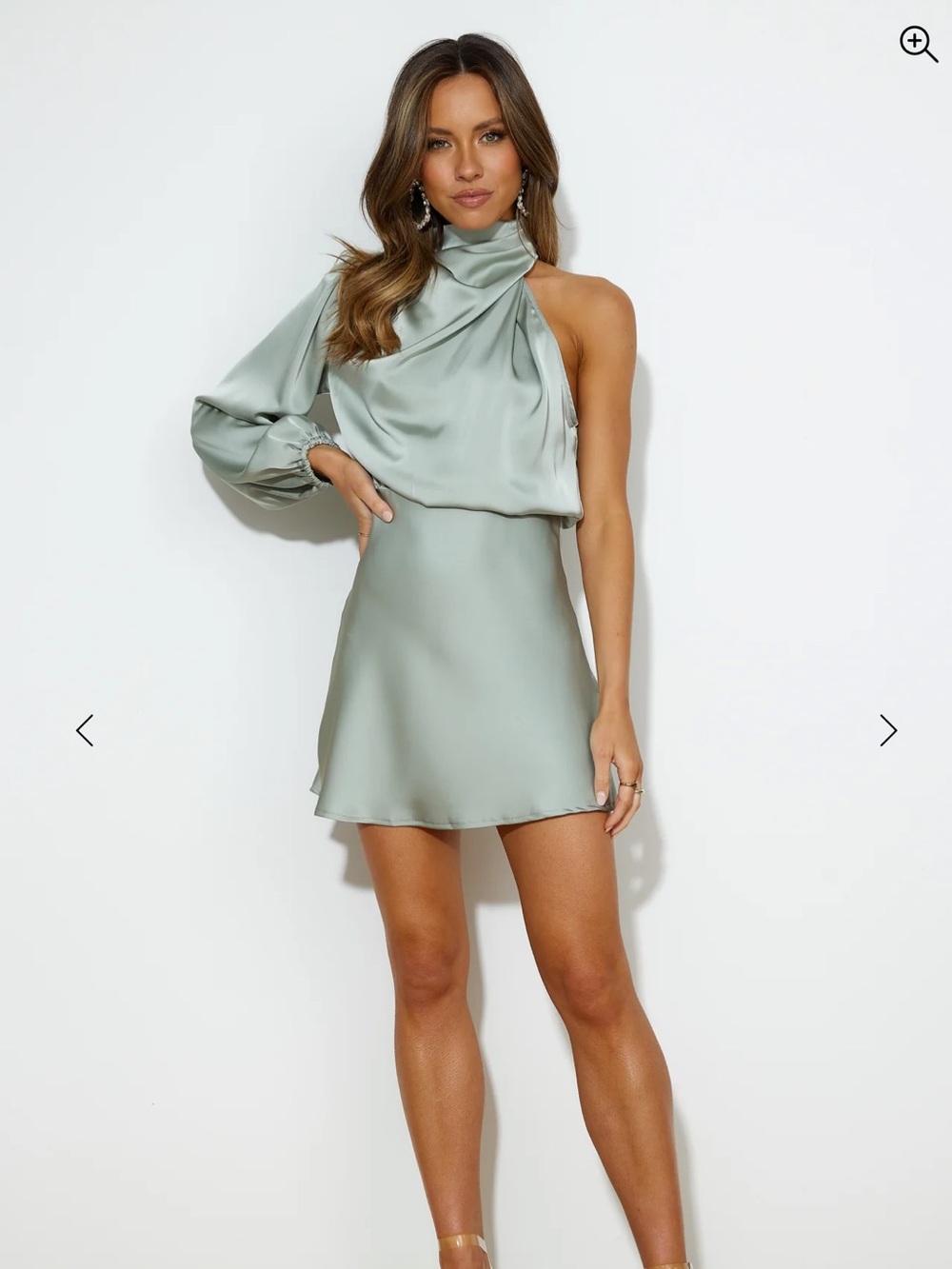 Hello Molly Sage One-Shoulder Satin Mini Dress